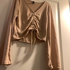 Ruched tie from bell sleeve tan shirt H&M hippie 60s look